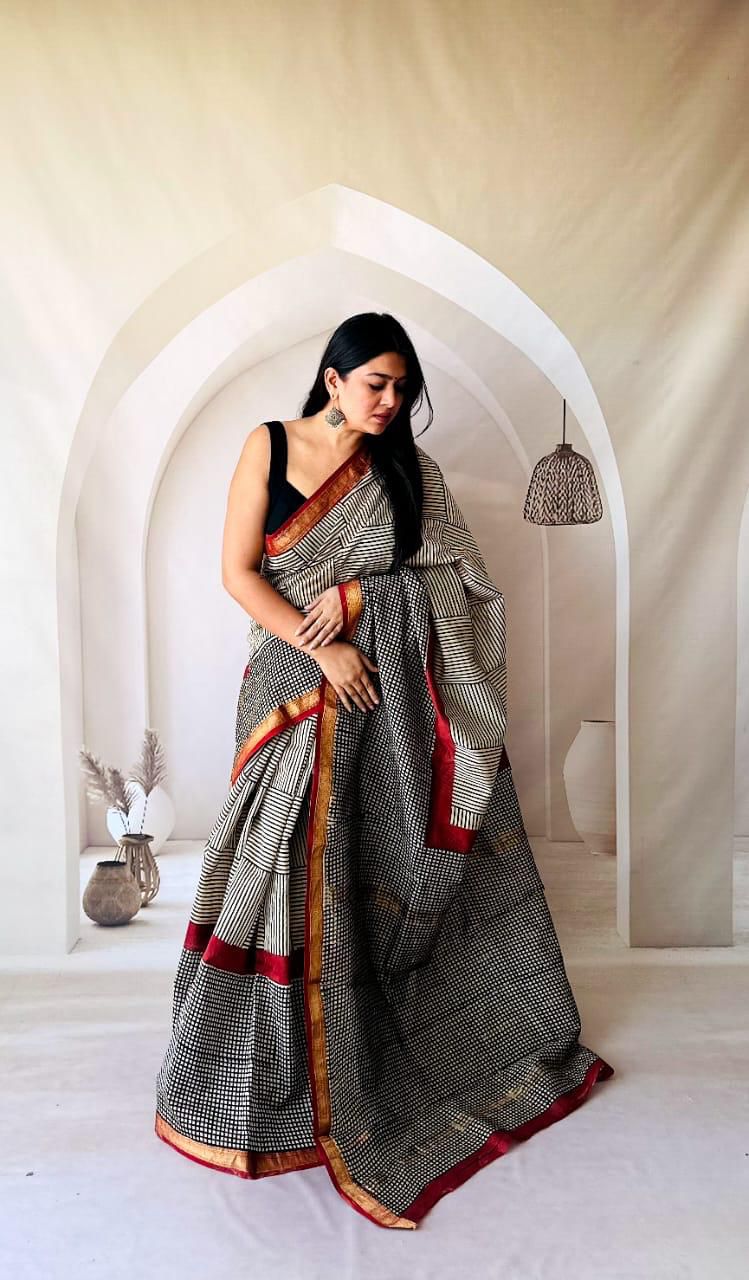 Grey Maheshwari Silk Handblock Printed Saree with Floral Jaal – Wholesale Silk Saree